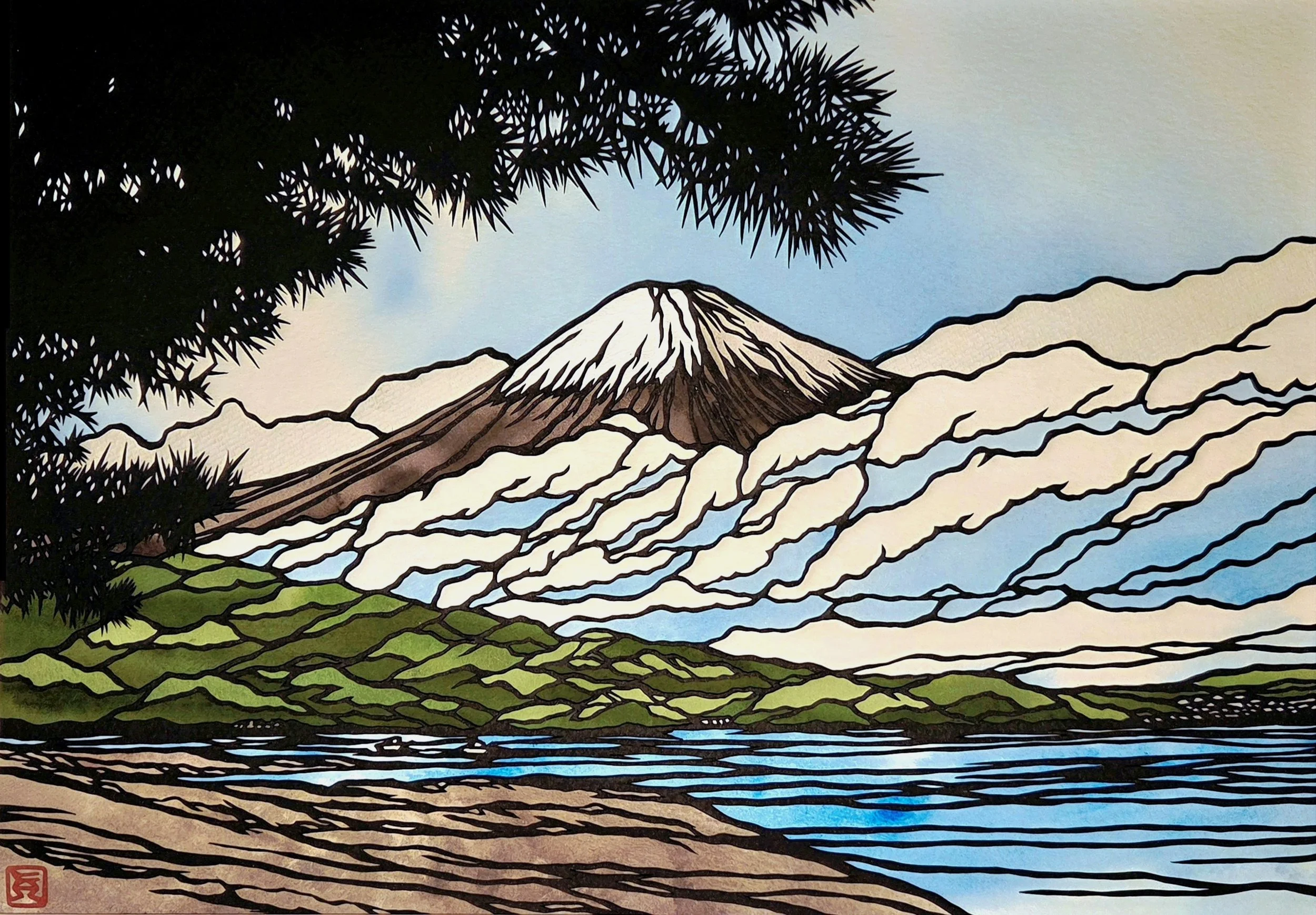 Mt. Fuji | 16” x 20” | Papercutting and Watercolour