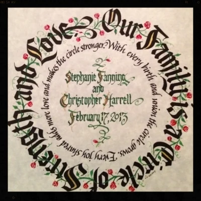 "Our Family Is a Circle" print with hand lettered personalizing... 7.5" square, matted to fit 12" square frame.