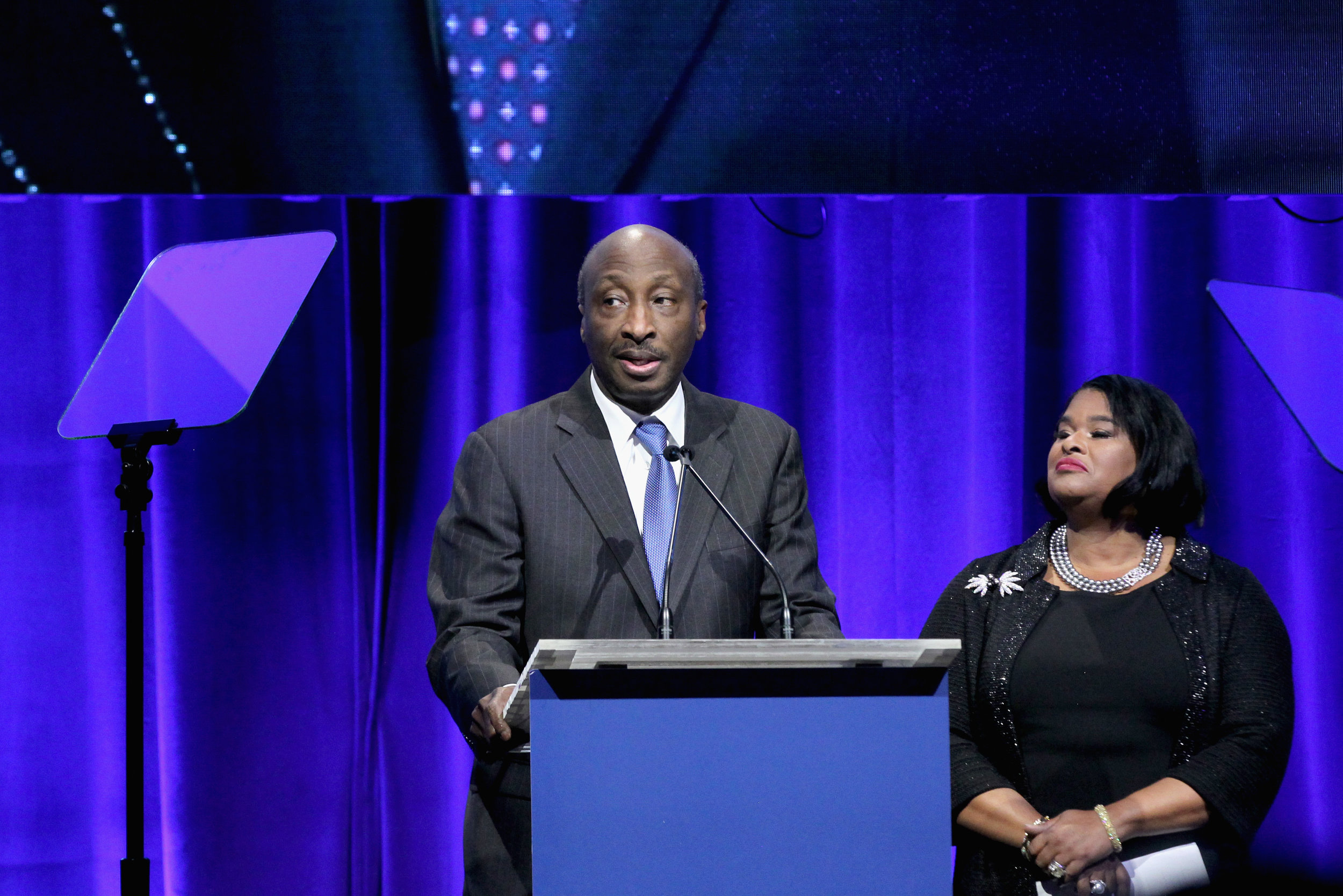  Kenneth Frazier and Robyn Coles speak onstage at the NAACP LDF 32nd National Equal Justice Awards Dinner at The Ziegfeld Ballroom on November 1, 2018 in New York City. (Photo by Bennett Raglin/Getty Images for NAACP LDF) 