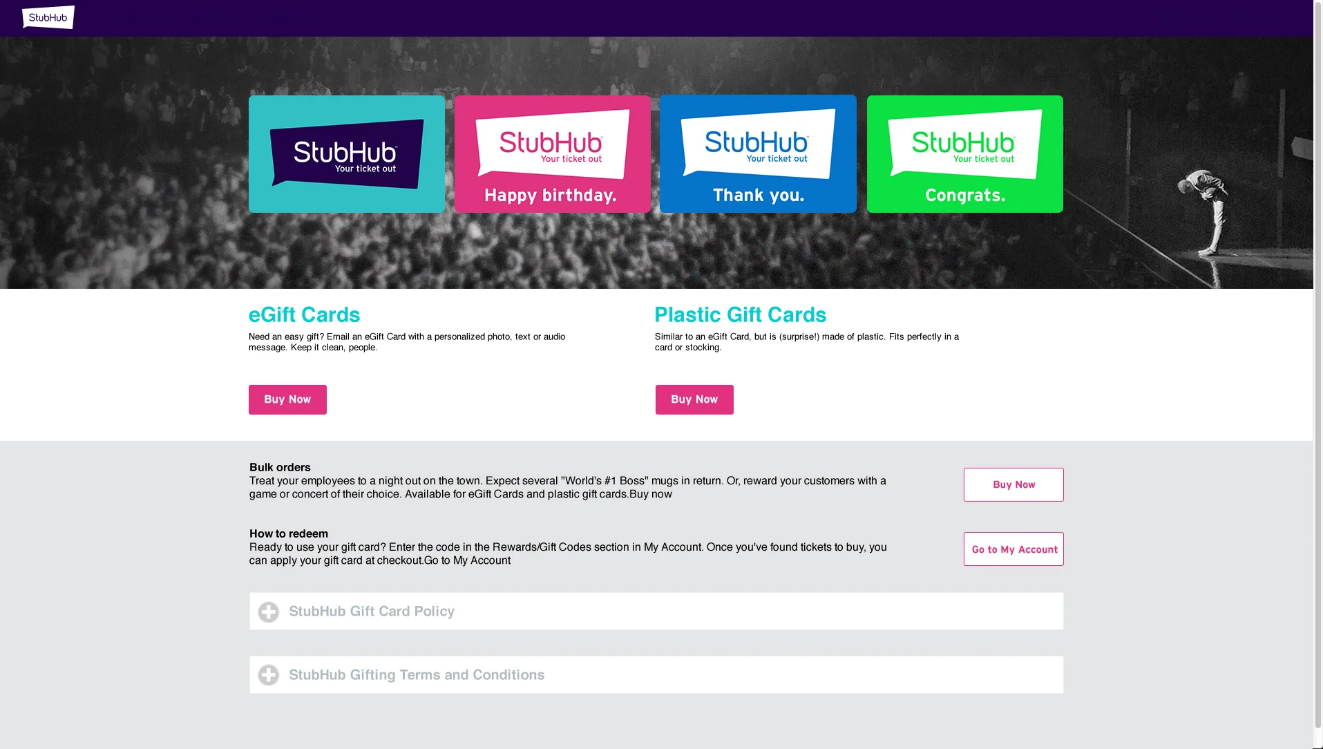 Official Gift Card Page on StubHub.com