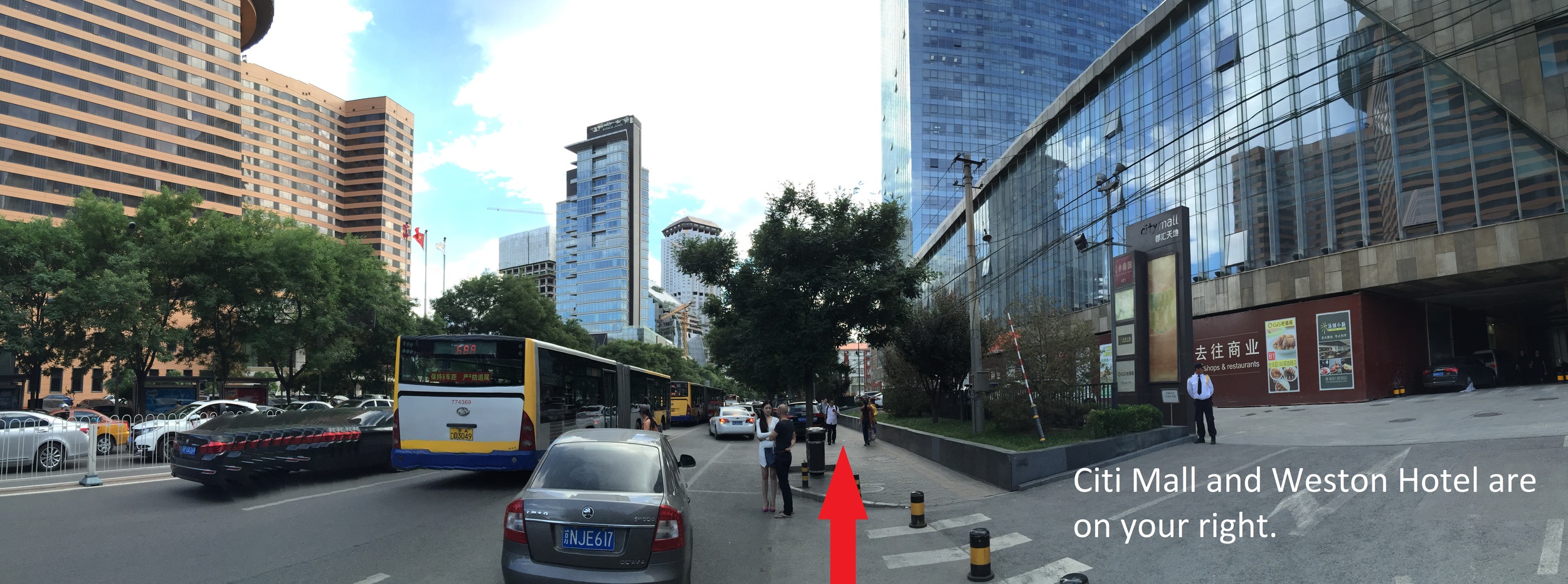 6. Continue following the sidewalk, and see the Westin Hotel and Citi Mall on your right. Keep walking!
