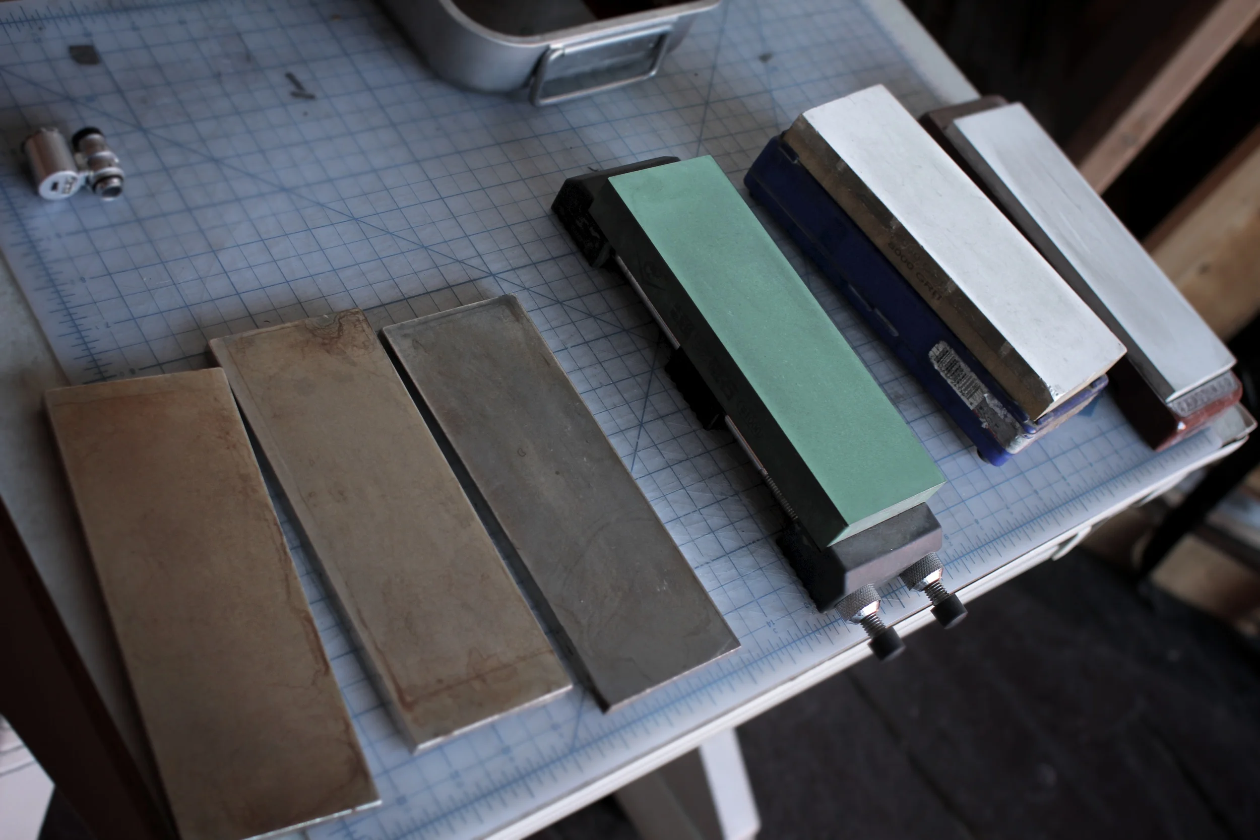 (Left to Right) DMT Diamond stones, Naniwa Chosera/Professional 1k, Norton 4k/8k, Naniwa 12K "Superstone"