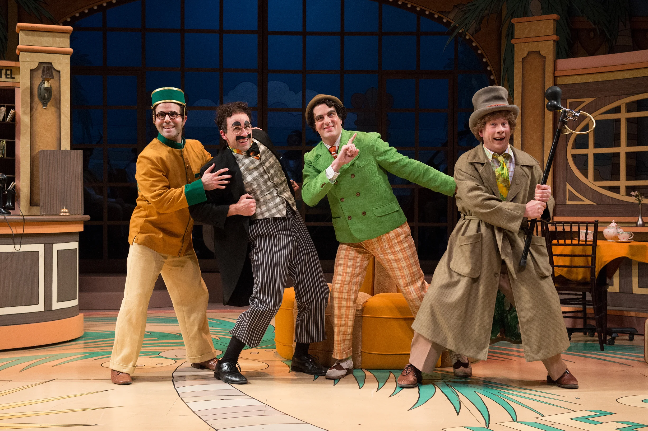 The Marx Brothers: Robert Jamison/Zeppo (Eduardo Placer), Mr. Hammer/Groucho (Mark Bedard), Chico (John Tufts), Harpo (Brent Hinkley). Photo by Jenny Graham.