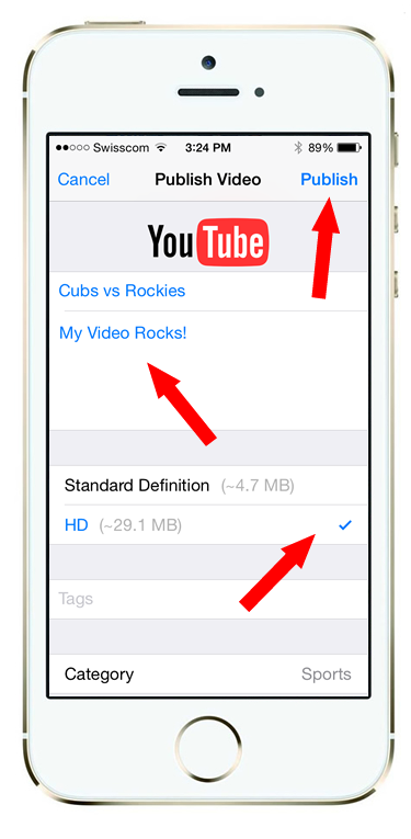 Fill in the details about the YouTube video: Title, Description, Definition (Standard vs. HD). Note: ScoreCam videos are HD by default so use that if not too big. It'll look better!