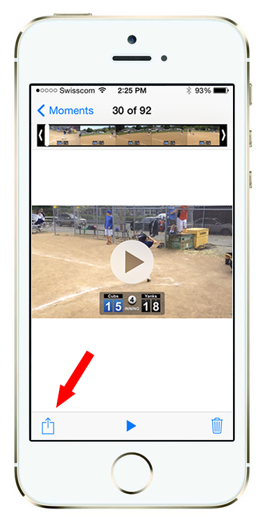 After saving your video to the Photos Library, go into your Photos app on your iOS device, and select the video/photo you'd like to see. Then click the Share button in lower left.