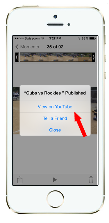 After you click "Publish" in the upper right, wait several minutes for the video to upload (you should see a status bar). Once its done you'll get a notice like the one shown here.