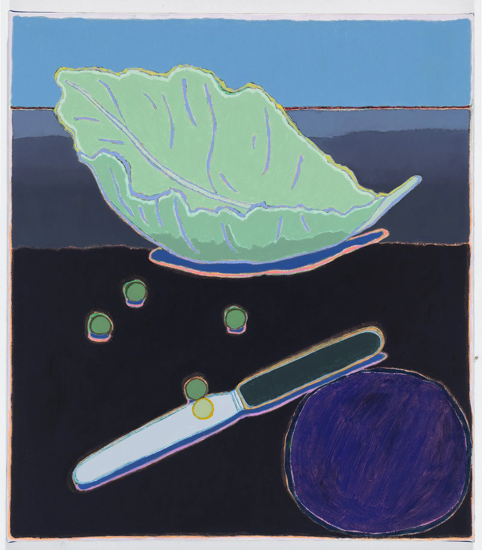 Lettuce, Peas and Knife, 16 x 18.25", oil on canvas, 2014