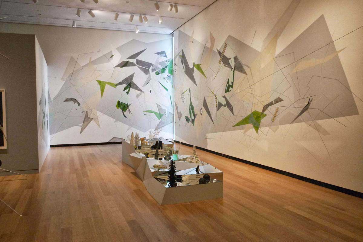 4. Death Rock City, Wooden platforms with mirror, structures created from glass, Swarovski crystal, cardboard, tile, rubber, and paper; large drawings, 4 x 27 ft., 2013-2010.