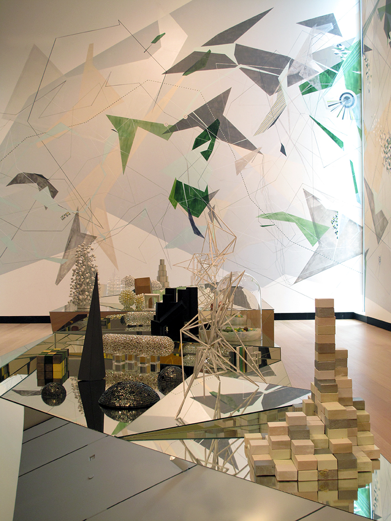 5. Death Rock City, detail, Wooden platforms with mirror, structures created from glass, Swarvski crystal, cardboard, tile, rubber, and paper; large drawings. 4 x 27 ft., 2013-2010