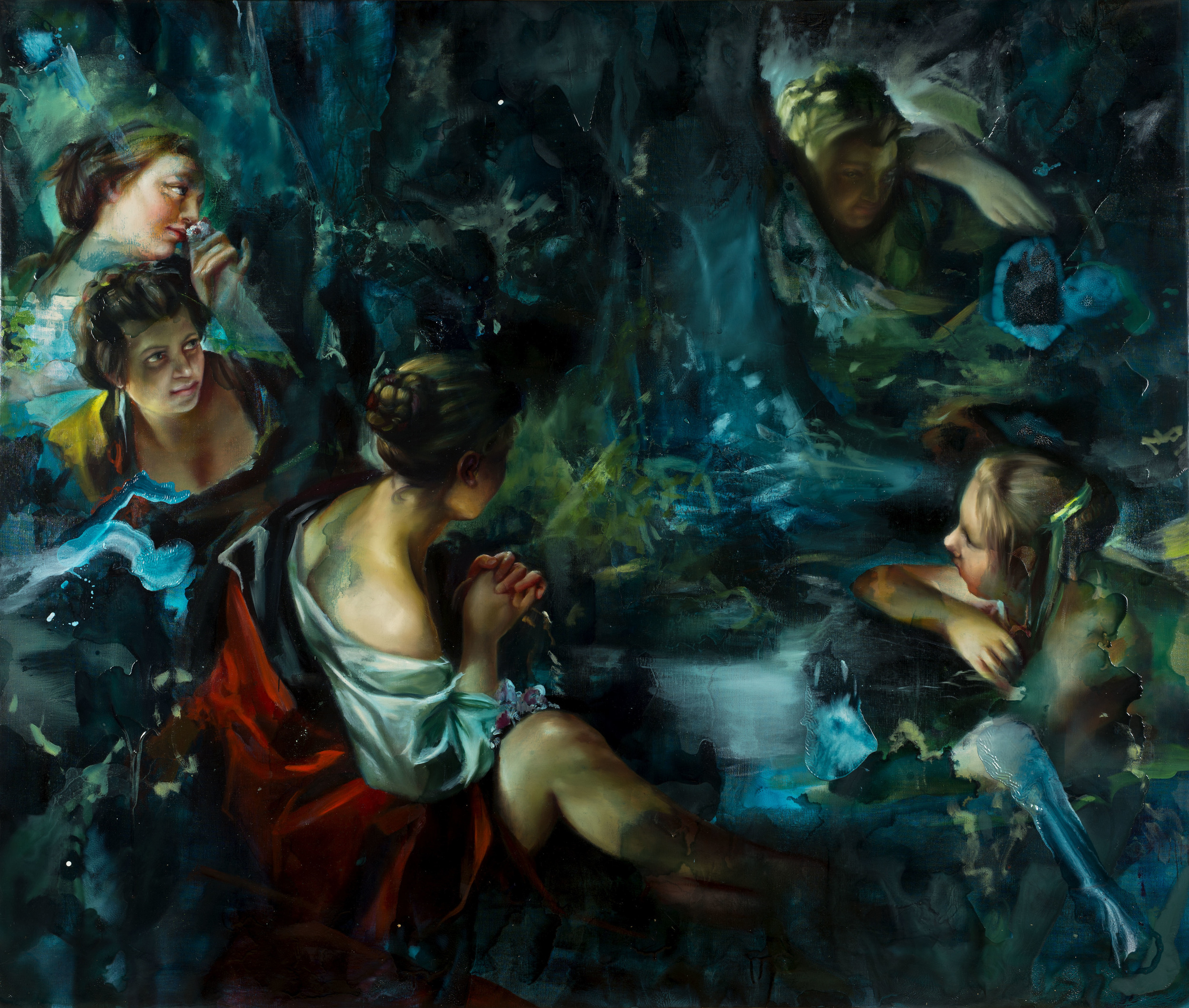 Though they crowded between, and usurped the kiss of my mouth, their breath was your gift, their beauty, your life. Oil and synthetic resin on linen, 72” x 84”, 2014