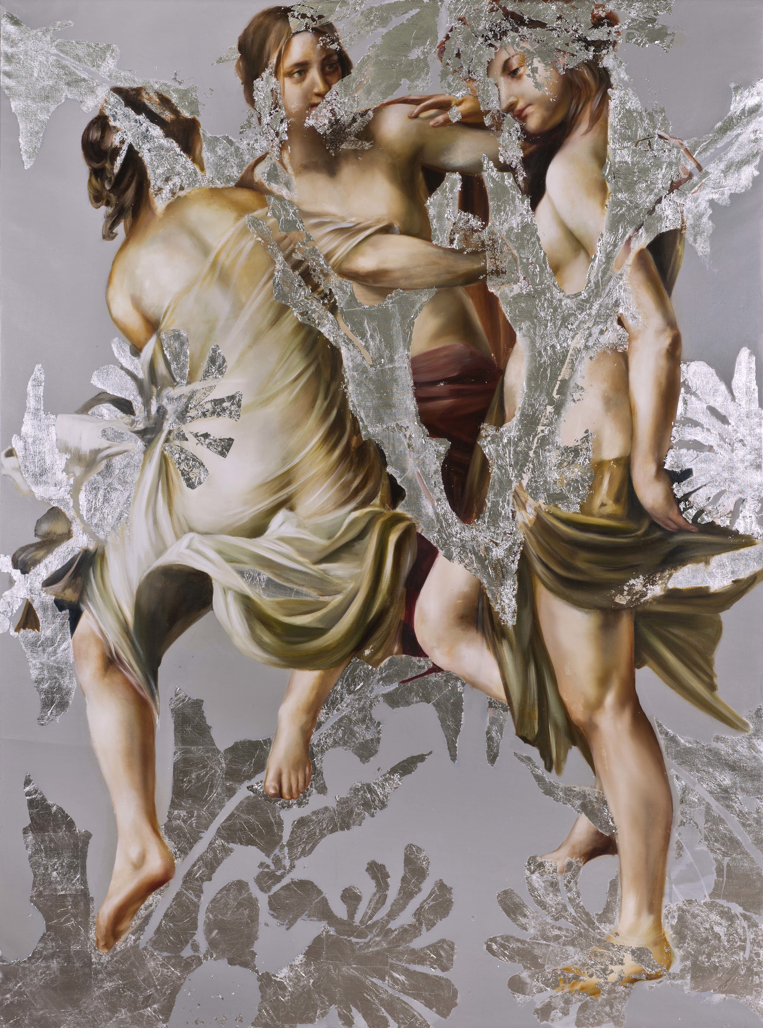 The breezes at dawn have secrets to tell. Oil and silver metal leaf on linen, 90" x 66", 2015.