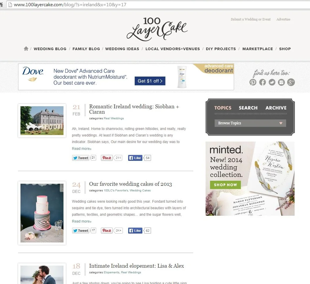 My favorite wedding blog is 100 Layer Cake . I typed "Ireland" into the search box.