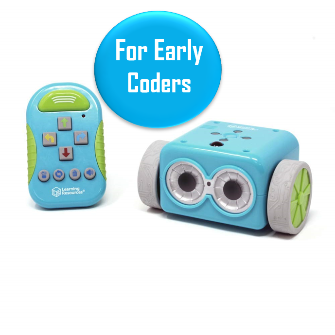 Botley the Programmable Robot - Ages 5-8 Botley is a great kid for ages 5+ that will teach the absolute basics of programming. A great first “coding toy” for beginners. Promising review: “My 5 yr. old son loves Botley! He has such a cute little voice and sounds so friendly. The set includes such a nice variety of pieces. You can use the 12 cubes and 8 rods to construct a maze that Botley can then be programmed to run through. The cubes can also be stacked to construct a small wall, that Botley can then be programmed to run into and knock down with his attachable arms.”