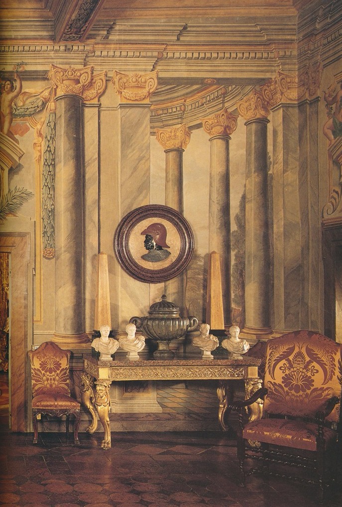 Restored frescoes from the 17th century grace the walls of this Renzo Mongiardino decorated space.
