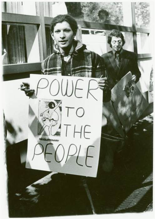 Sylvia Ray Rivera (front) and Arthur Bell at gay liberation demonstration, New York University, 1970.Photo - Diana Davies