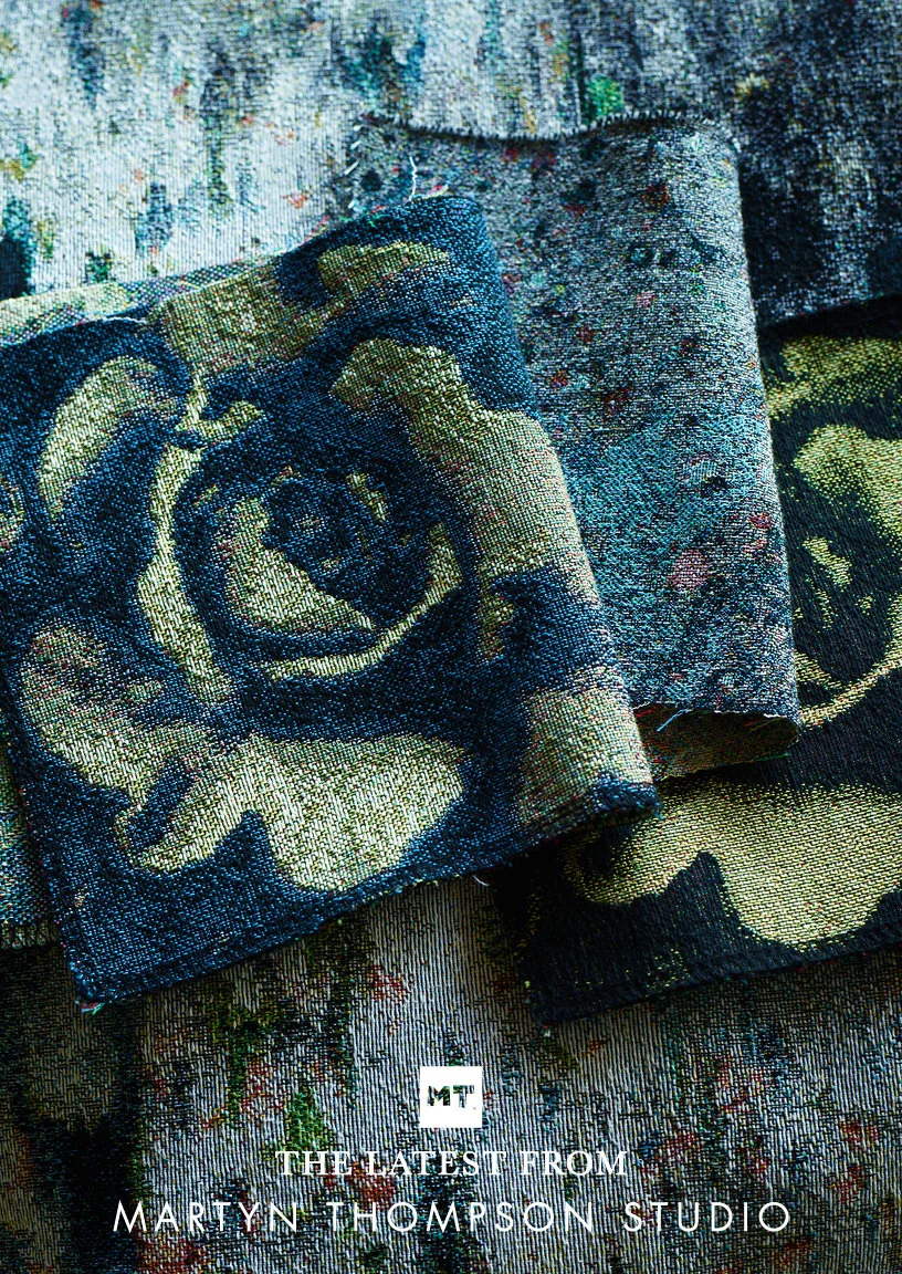 Swatches of "Melting Sea Blue", "Drop Cloth, Pastel" and "Melting Yellow" rest on our "Drippy" jacquard.