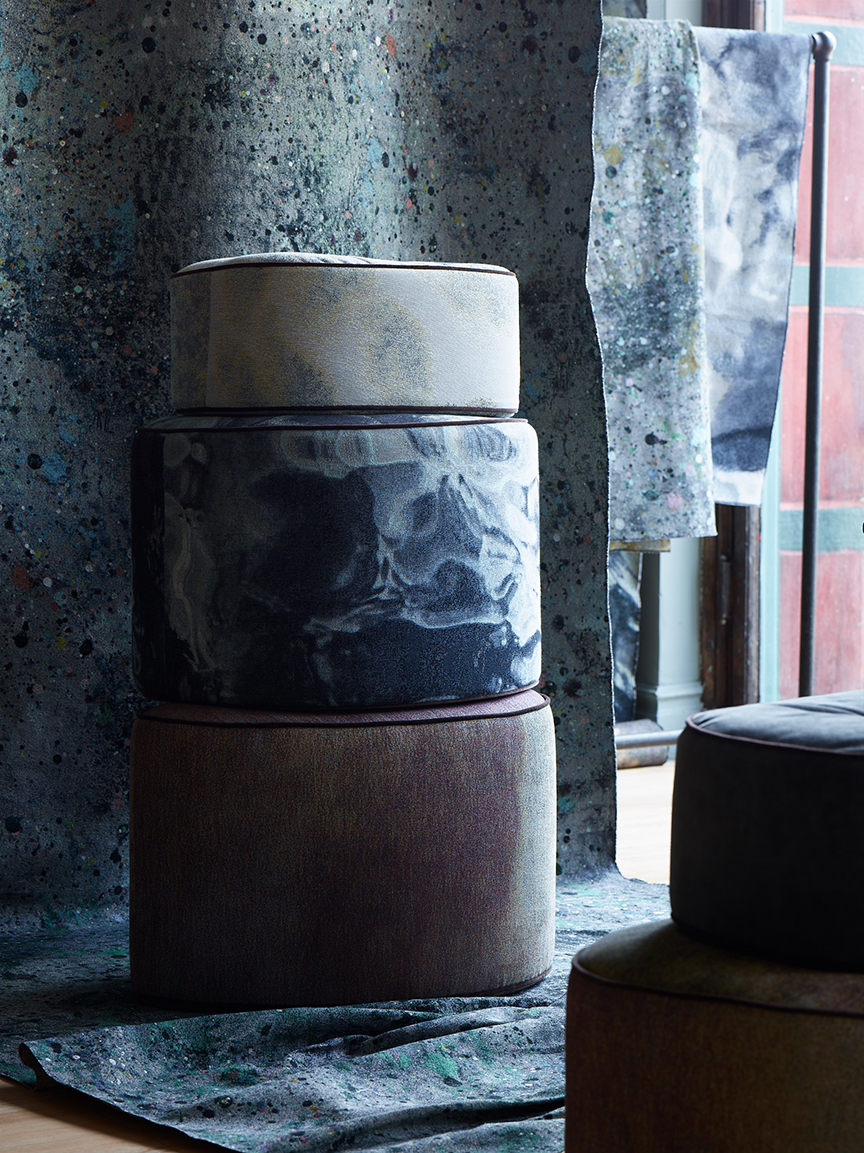 Prototypes of our ottoman collection that will launch in 2018, in front of "Drop Cloth, Pastel".