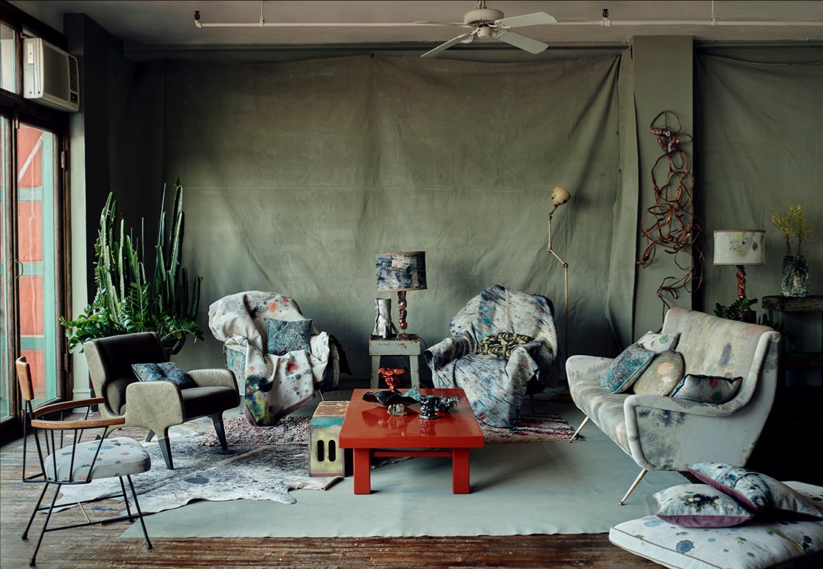 The Pinch "Pendle" chair upholstered in Dropcloth Moss, MTS pillows in Dropcloth Moss and Blue, MTS sheer linen in Duckegg Blue, the studio photographed for World of Interiors.