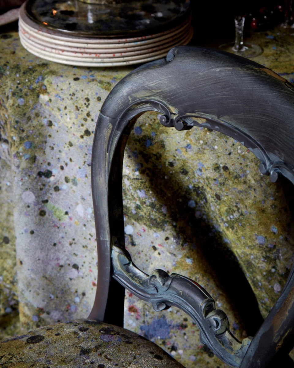 Art of Dining A dozen different chairs were painted and lacquered to create an impression of antiquity and upholstered in a variety of MTS jacquards.