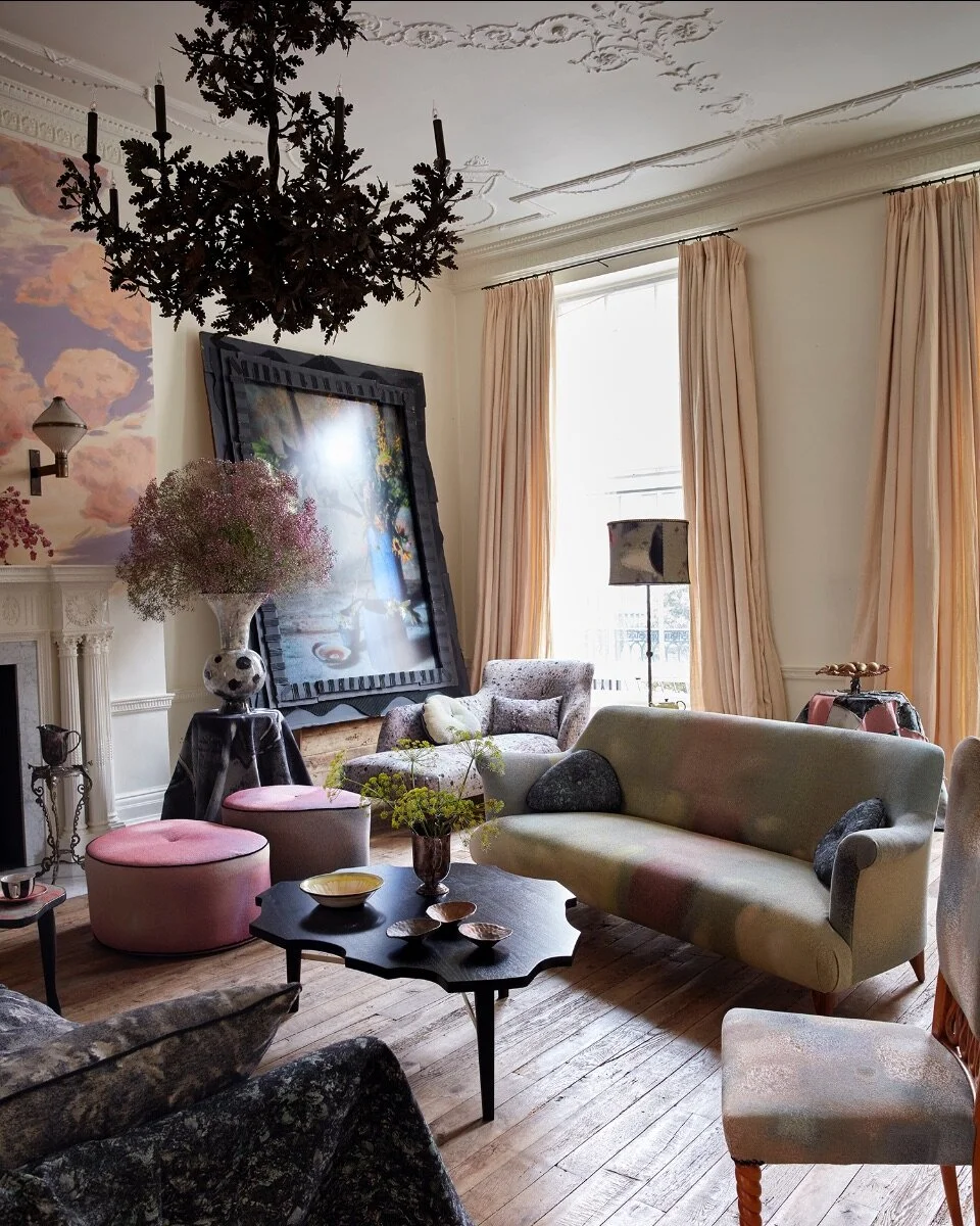 Sofa and chaise from Pinch. Coffee table made in collaboration with James Furntiture. Various painted ceramics by Martyn Thompson for 1882Ltd and bronze bowls by Dove Drury Hornbuckle. All upholstery from the new Pink Cloud jacquard collection at MTS.
