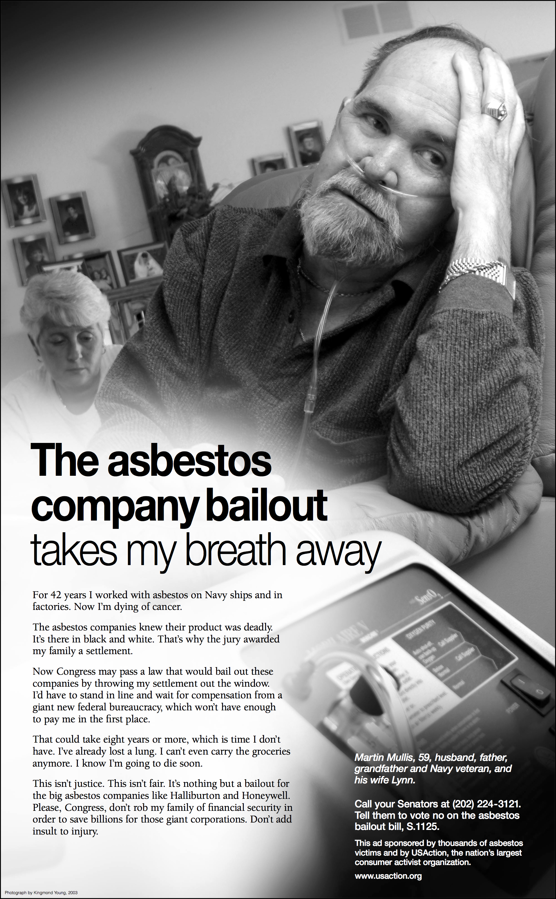   One in a series of ads featuring workers who contracted mesothelioma from asbestos on the job.&nbsp;S.1125 was in fact defeated. Client: USAction. Copy and creative direction by Art Silverman. Headline by Pacy Markman. Art's work via Fenton  