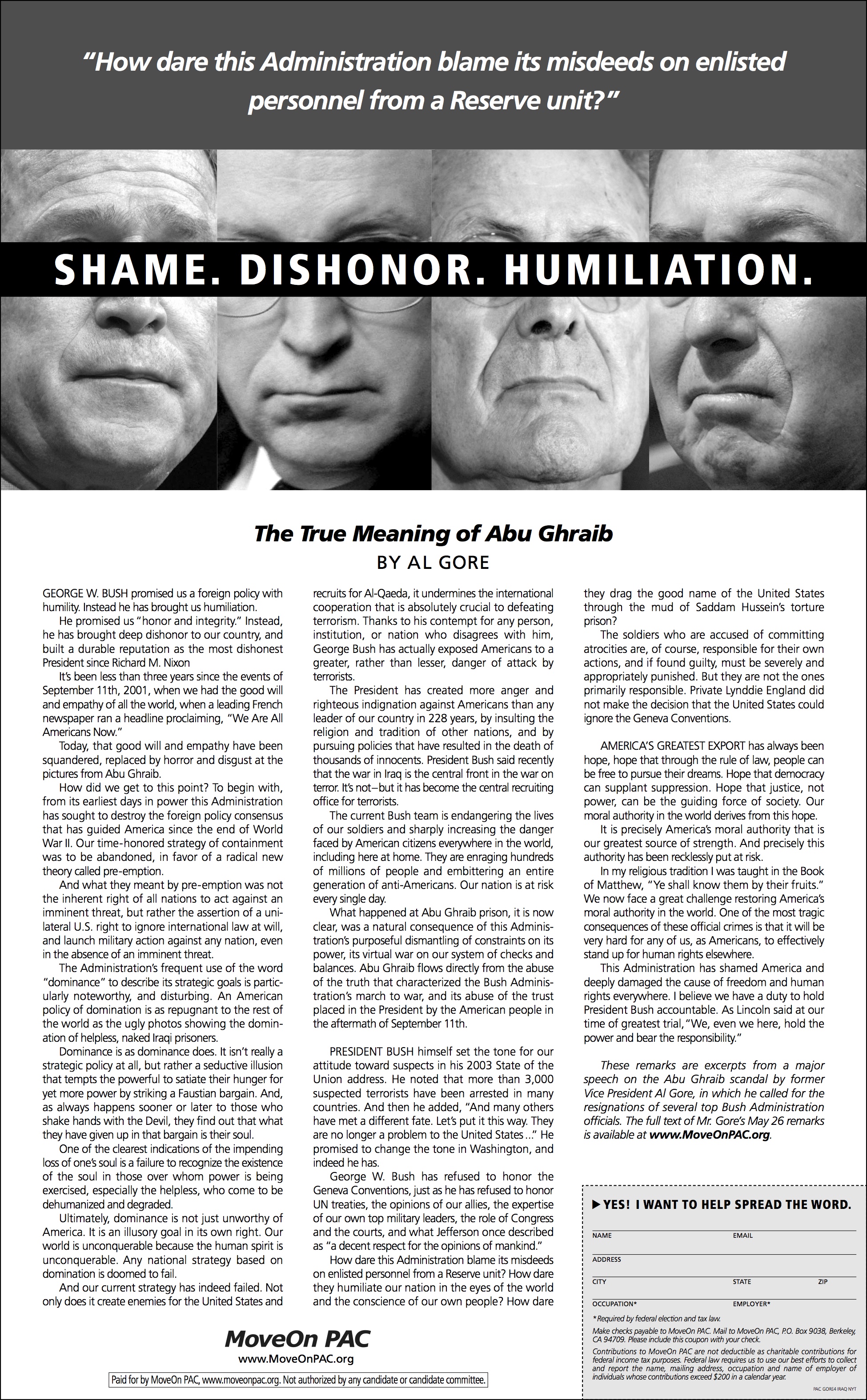   When Al Gore delivered a series of speeches across the country in 2004, Art worked with the former Vice President to edit each 10,000 word speech into a 1,000 word NY Times ad. Copyediting and creative direction by Art Silverman. Headline by Pacy M