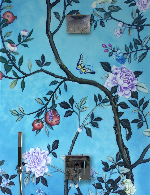 Floral Pomegranate Wallpaper in Blue - Gucci