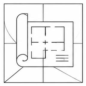 Geometric drawing of an outline square with sections divided by vertical, horizontal, and diagonal lines.