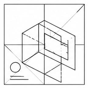 Geometric drawing of an outline square with sections divided by vertical, horizontal, and diagonal lines.