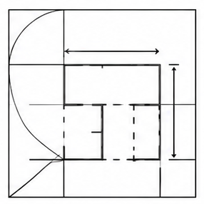 Geometric drawing of an outline square with sections divided by vertical, horizontal, and half circle lines.