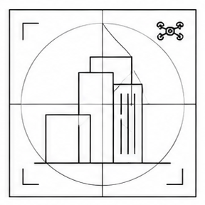 Geometric drawing of an outline square with sections divided by vertical, horizontal, and circle lines.