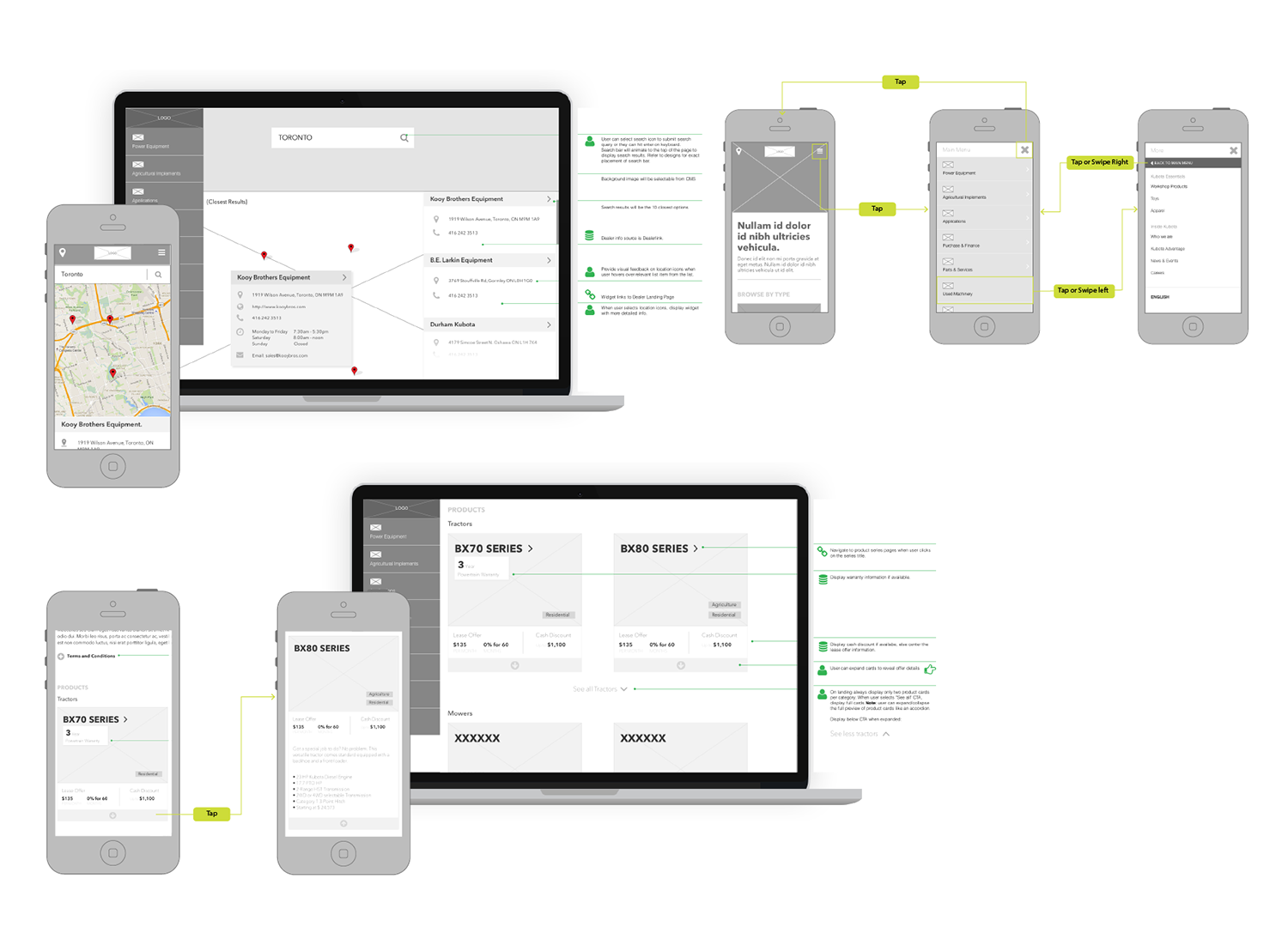 While working at Nurun Publicis, I worked on a number of projects where I was responsible for the interaction design and wireframing of responsive websites and tools. Here is an example of a wireframe for a heavy equipment manufacturer's website. 
