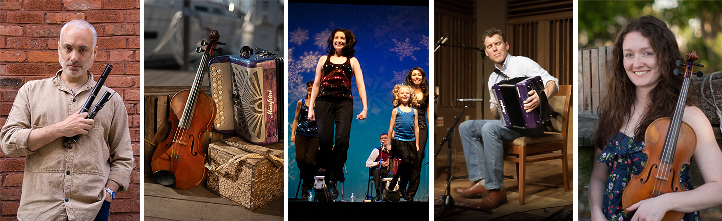 A collage of five images featuring musicians and a stage performance. The first image shows a man holding a flute against a brick wall. The second image displays a violin, an accordion, and a suitcase on a wooden surface. The third image captures women and children performing on stage, some holding musical instruments. The fourth image features a man playing an accordion while seated. The fifth image shows a young woman smiling and holding a violin outdoors.