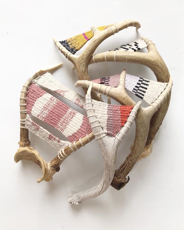 Tomorrow. Wednesday. Sometime in the afternoon. That’s when these woven antlers will be available to the world.
When I started this project I didn’t know exactly where it was going. Visions of weaving on antlers and bones had been living in my imagination for a long time and it seemed like the right time to make it a reality.
I didn’t know how I was going to make these, there isn’t a convenient guidebook. Sometimes my creative process is to invent something for myself and be willing to try and to experiment and to fail and to start all over again until I get it right, whatever that means.
I spent hours with each antler learning it’s curves and nuances, learning how to fit the thread to the body. Often it took several days working with the bones and the fiber to find out what they had to say to each other. And each time it was a little different.
I’m still not exactly sure what they mean or where they might ultimately lead to. For now there are only these five to serve as guides. It feels like enough for the time being.
So tomorrow. Wednesday. Sometime in the afternoon I’ll be sending out an email with the link to the magical world of woven antlers. And then on Thursday (most likely in the afternoon) I’ll put them on ye olde website for those of you who aren’t on the mailing list.