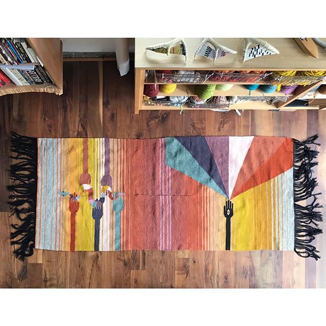 Wove a rainbow of love to wrap myself up in while I’m far away from home. Pulled it off the loom just in time and now I’ll have some finishing work to do on the airplane!