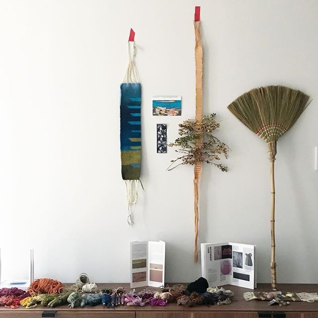 Does this count as a shelfie? I wove a new backstrap last week and experimented with weaving local branches through rep weave while using the new backstrap. And then taped them to the wall.
I’m 8 days into South Korea and I know I haven’t posted any pictures of it at all, but it’ll happen soon enough. Last week I ate strange and delicious things at the market and went to some beautiful volcanic beaches. This week I’m helping to teach middle school art and working on a the cartoon for a bigger tapestry. All you need to know today is that the people here are wonderful and there’s kimchi in the cafeteria.