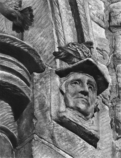 Image 10" x 13" I have always found the small sculptured elements of faces that are seen in the facades of old stone buildings around the world intriguing. The idea for this piece was inspired by a church in Victoria BC, but only recently came to life upon discovering a new technique that represented rock/stone texture. I always wonder about the back stories of these little spirits living within these walls--a lofty life lived now honoured and immortalized. Upon seeing this particularly melancholy character, I couldn't help but think that his sadness is based on the fact that his head is the perfect perch for many a pigeon and he will now be forever…. Less Than Impressed.