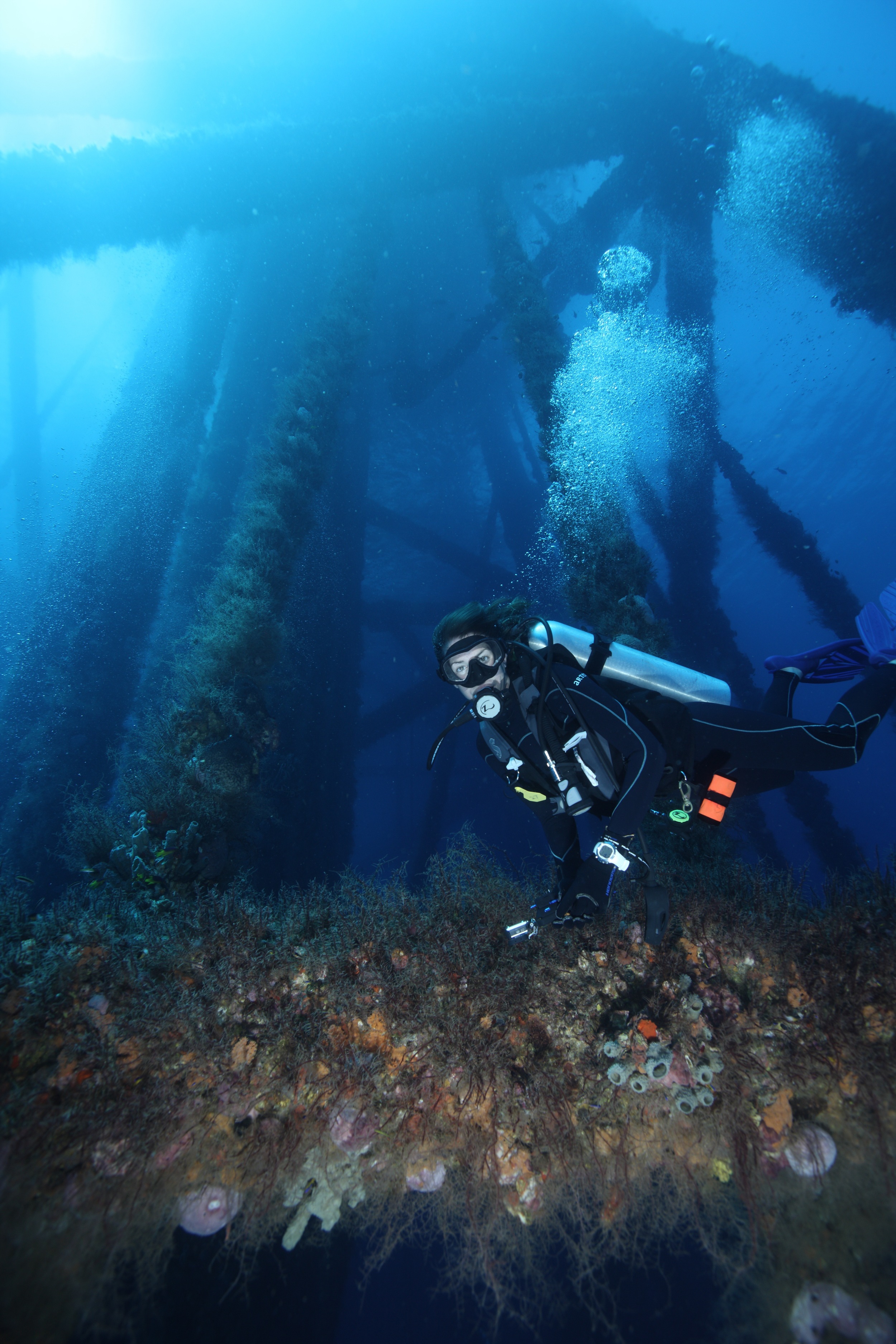 Explorer, Emily, glides along the cross-beam of Platform A376