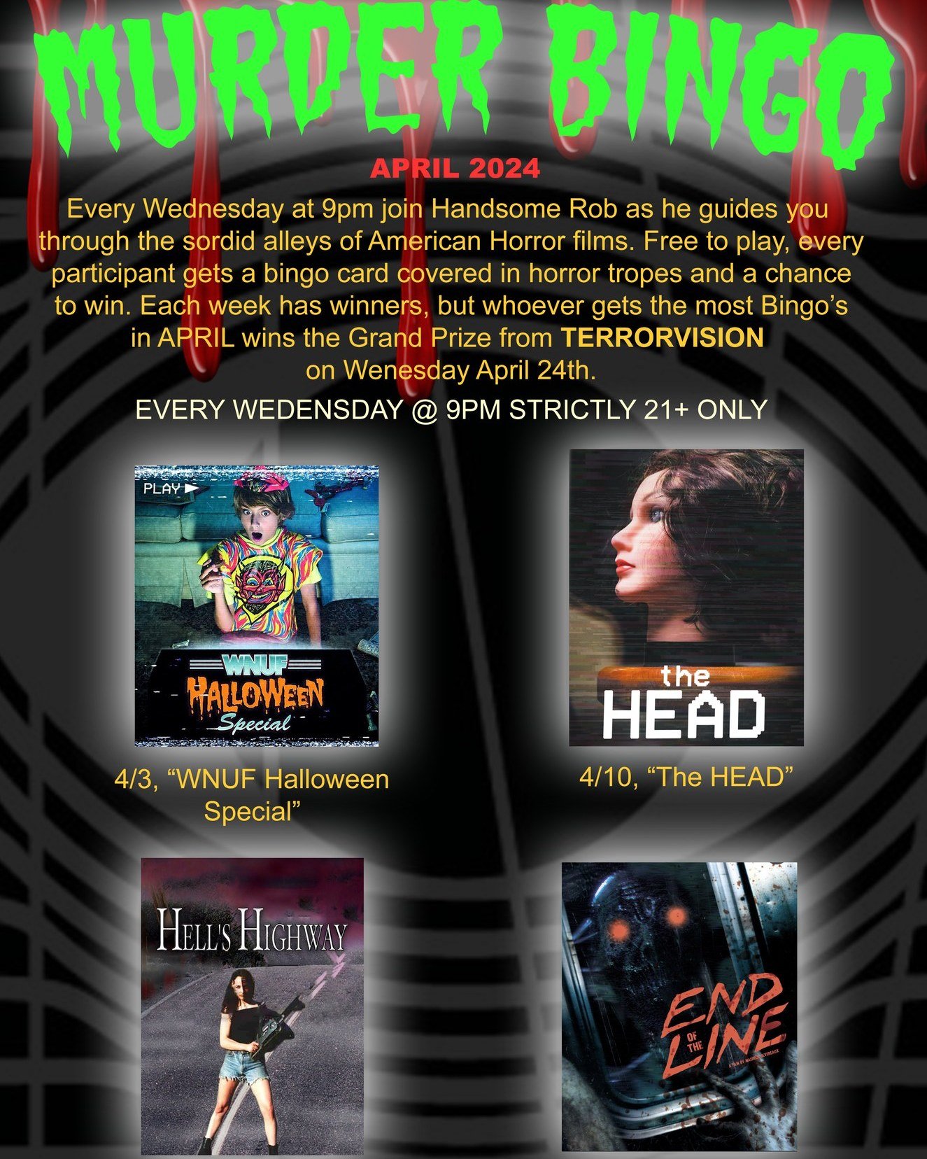 Tonight's MURDER BINGO is featuring THE HEAD!!!

All month, MURDER BINGO is sponsored by the lovely folks at Chicago's very own  @_terror_vision_ and features films from their catalogue all month.

The game always starts at 9pm and is strictly 21+. A