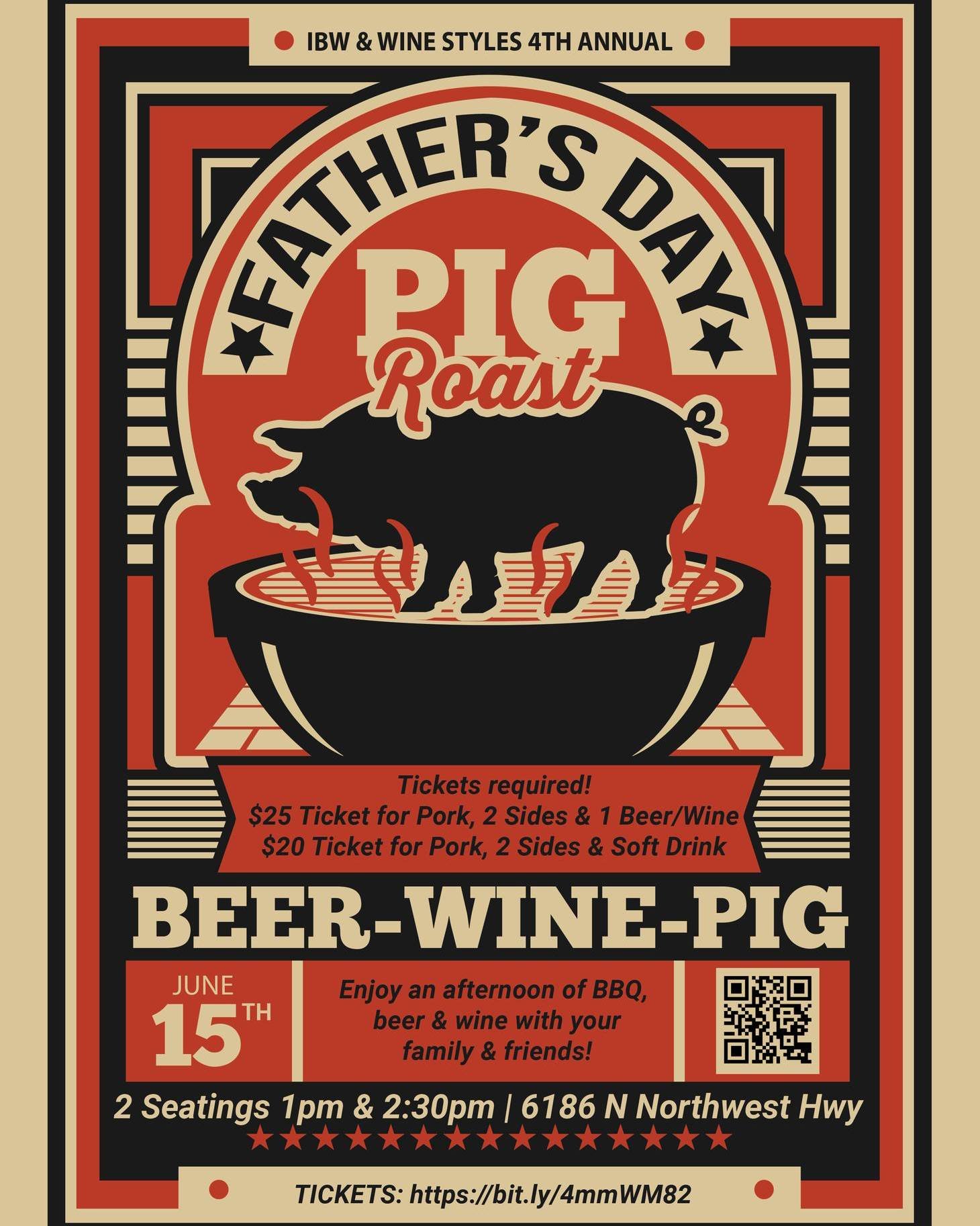 It's time once again for our FATHER'S DAY PIG ROAST!!!
Bring the family and spend the afternoon enjoying fresh BBQ pig, 2 sides and beer or wine.
This is our 4th year doing this and it gets better every year.
Seating is limited so get your ticket