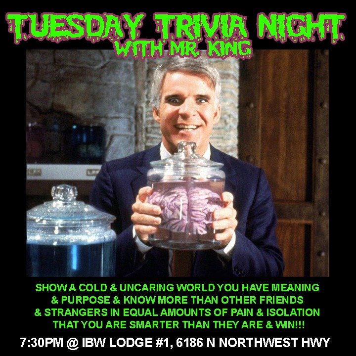 IT'S TUESDAY which means its time for TUESDAY TRIVIA NIGHT once again.

Get here by 7pm to secure your seat. The water sports start at 7:30!

John Vernon Forbes is here to deny you service and sharpen your paws.

As always, mind the gap.

#Chicago  #