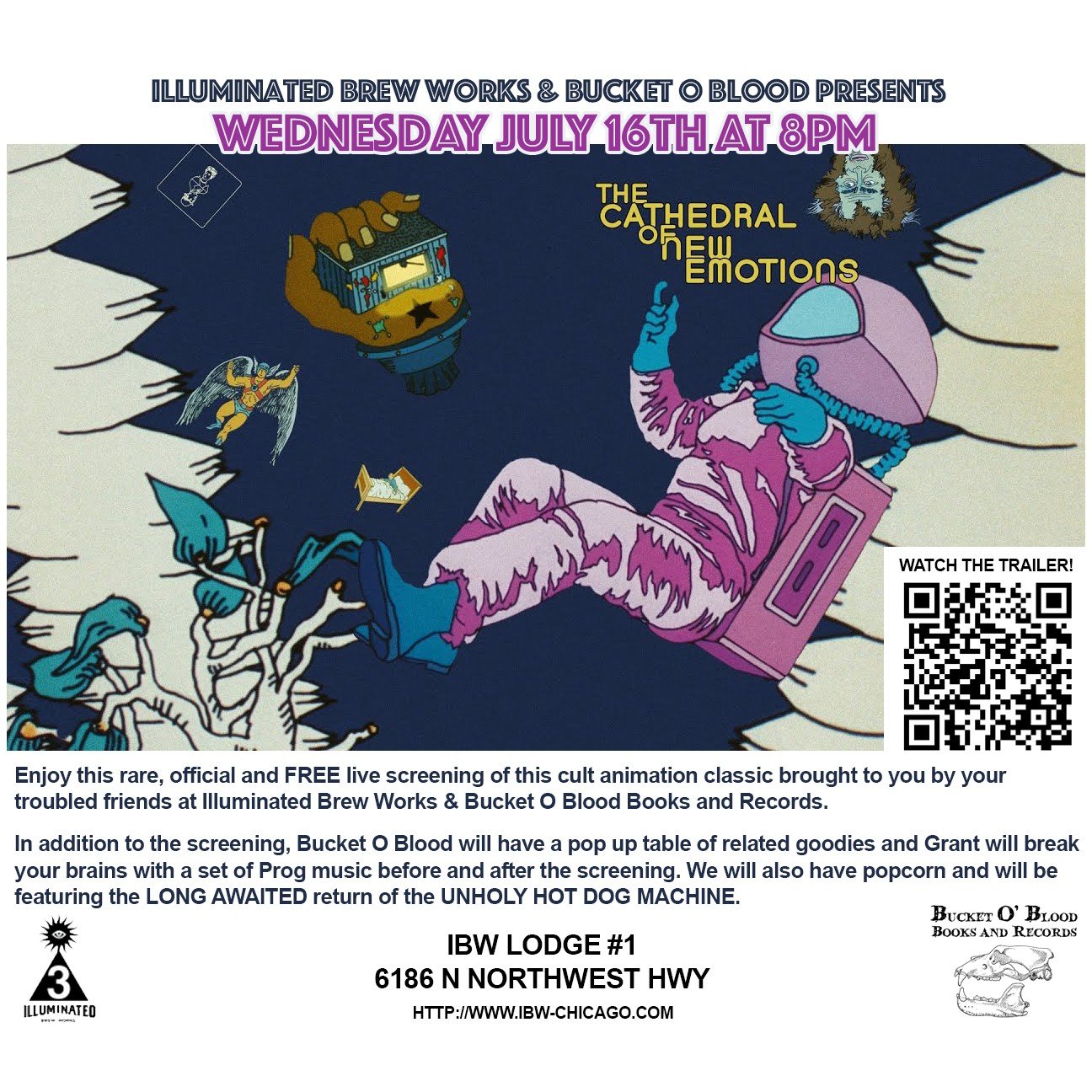 Don't let the crummy weather stop you from coming to tonight's screening of THE CATHEDRAL OF NEW EMOTIONS that we're hosting here at IBW LODGE #1 with our friends at @bucketoblood.
One of the most surreal, psychedelic and truly cosmic animated feat