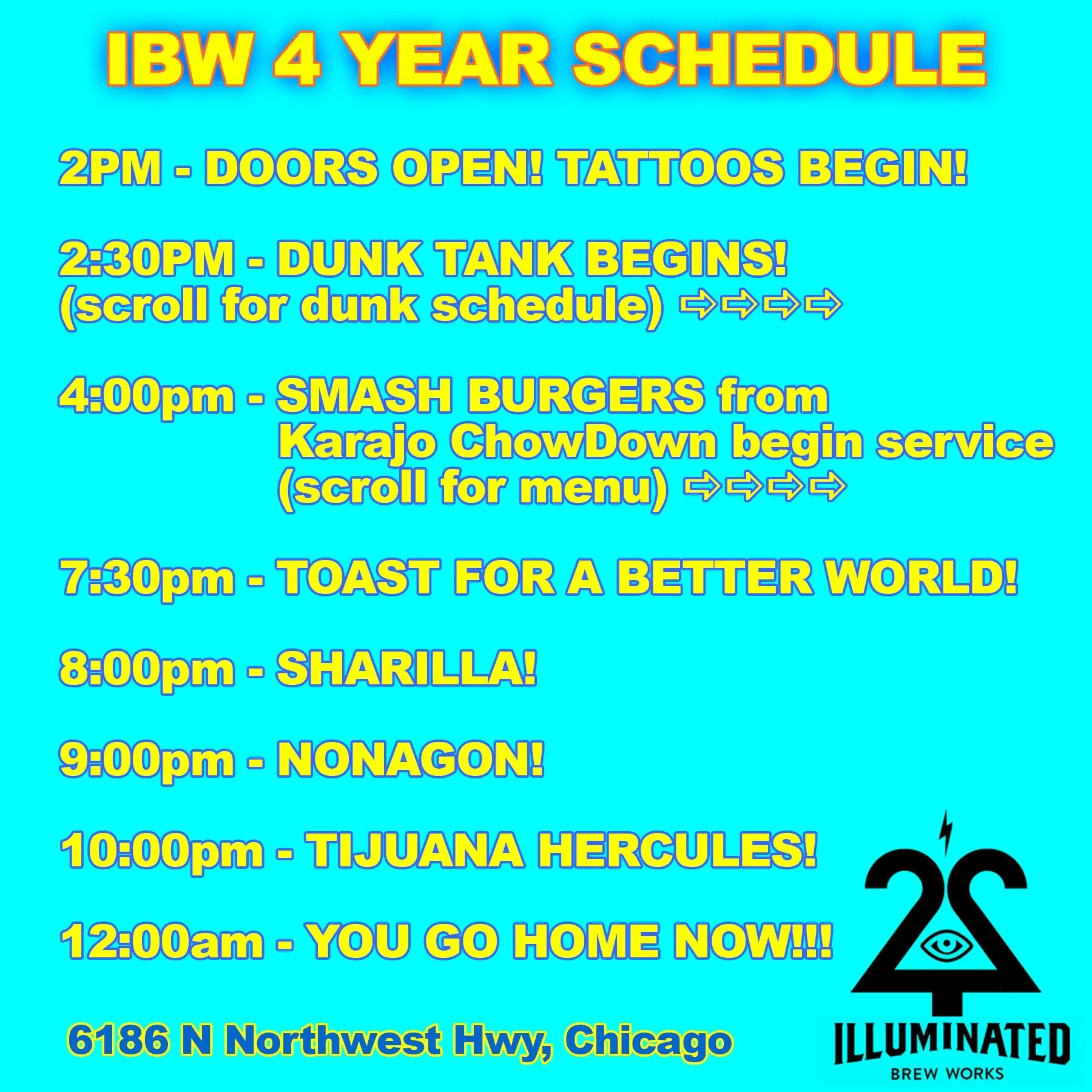 Our 4 YEAR ANNIVERSARY is tomorrow, Saturday, September 6th.
Here's the schedule for the day including the Dunk Tank and bands as well as the fantastic menu of SMASH BURGERS from @karajochowdown.
It's going to be another fantastic party, we really
