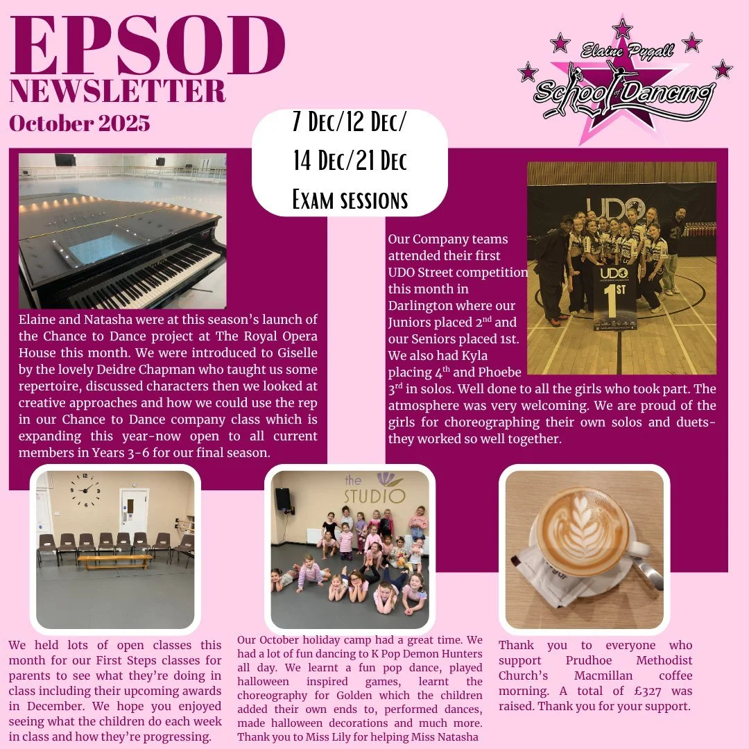October's newsletter. #epsodnews #idtaexams #idtafirststeps #udostreetdance #HolidayCamp #chancetodance #macmillancoffeemorning