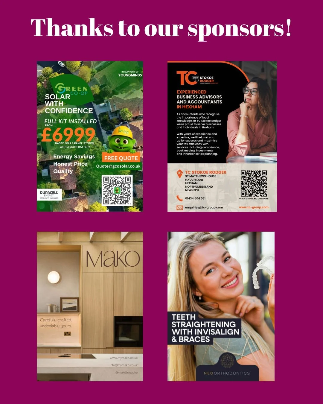 This year's local businesses who have advertised with us in our programme this year are Green Co-op, @tcgroupuk , @makobespoke  and @neoorthodontics.  Thanks so much for your support. #supportlocalbusinesses❤️