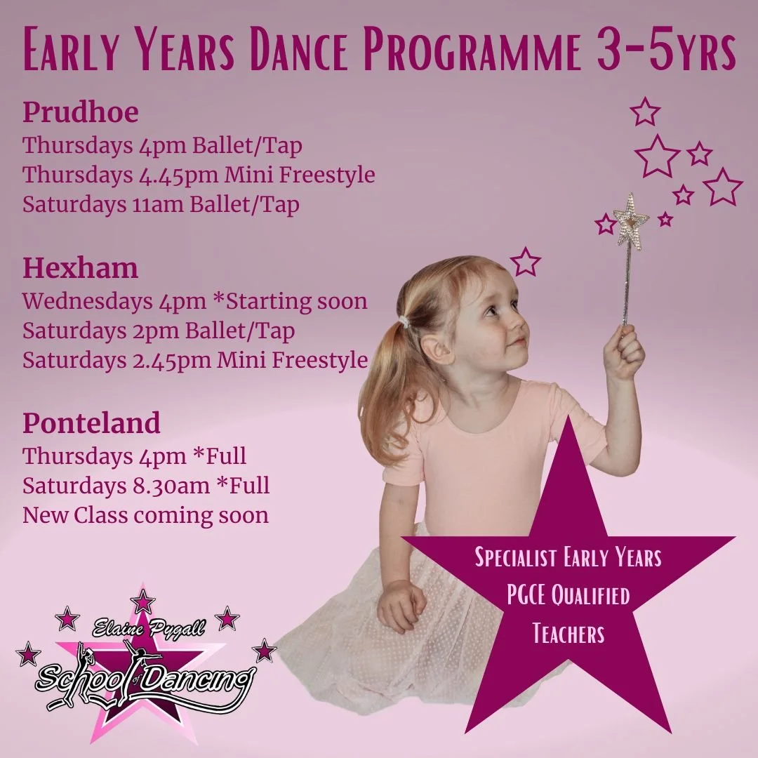 A pink poster with information about early years dance classes for ages 3-5, including schedules for Prudhoe, Hexham, and Ponteland, with details about ballet, tap, and freestyle lessons, and featuring a young girl holding a star wand, sitting on the ground with a star-shaped graphic that mentions the qualifications of teachers.
