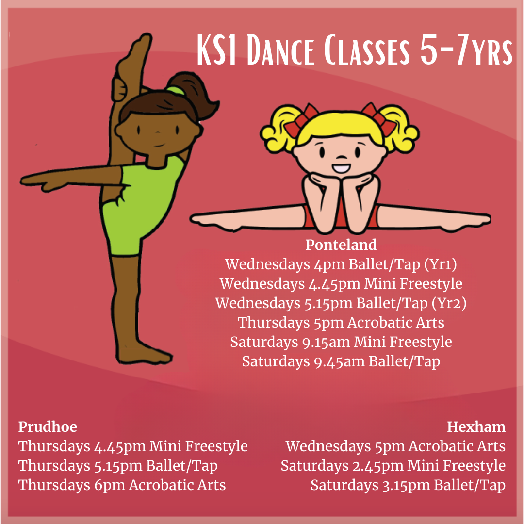 A poster displaying dance class schedules for children aged 5 to 7, including classes at Ponteland, Prudhoe, and Hexham, with various days and times listed including Ballet, Tap, Freestyle and Acrobatic Arts classes.