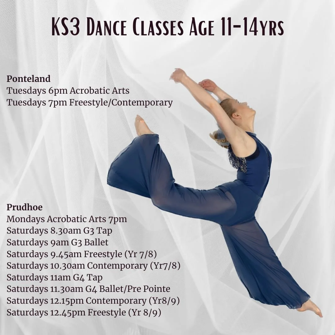 Information poster for KS3 dance classes for ages 11-14, listing classes in Ponteland and Prudhoe, including days, times, and styles of dance like acrobatic arts, freestyle, contemporary, ballet, and tap, with a background image of a dancer in a blue costume performing a leap.