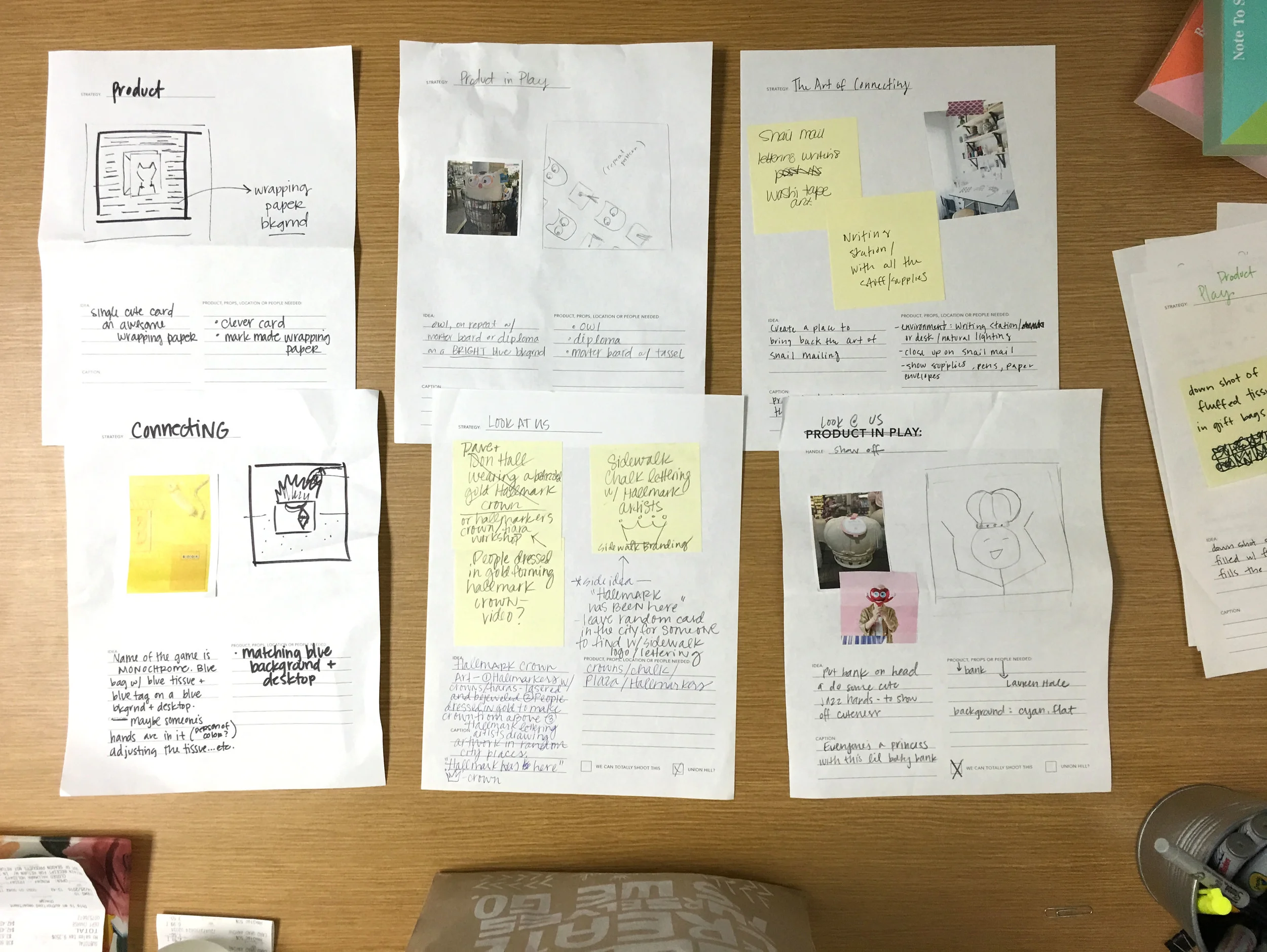 Samples of the strategy sheet I created to help creators flush out idea. Also used to communicate idea and vision to our Photo team.