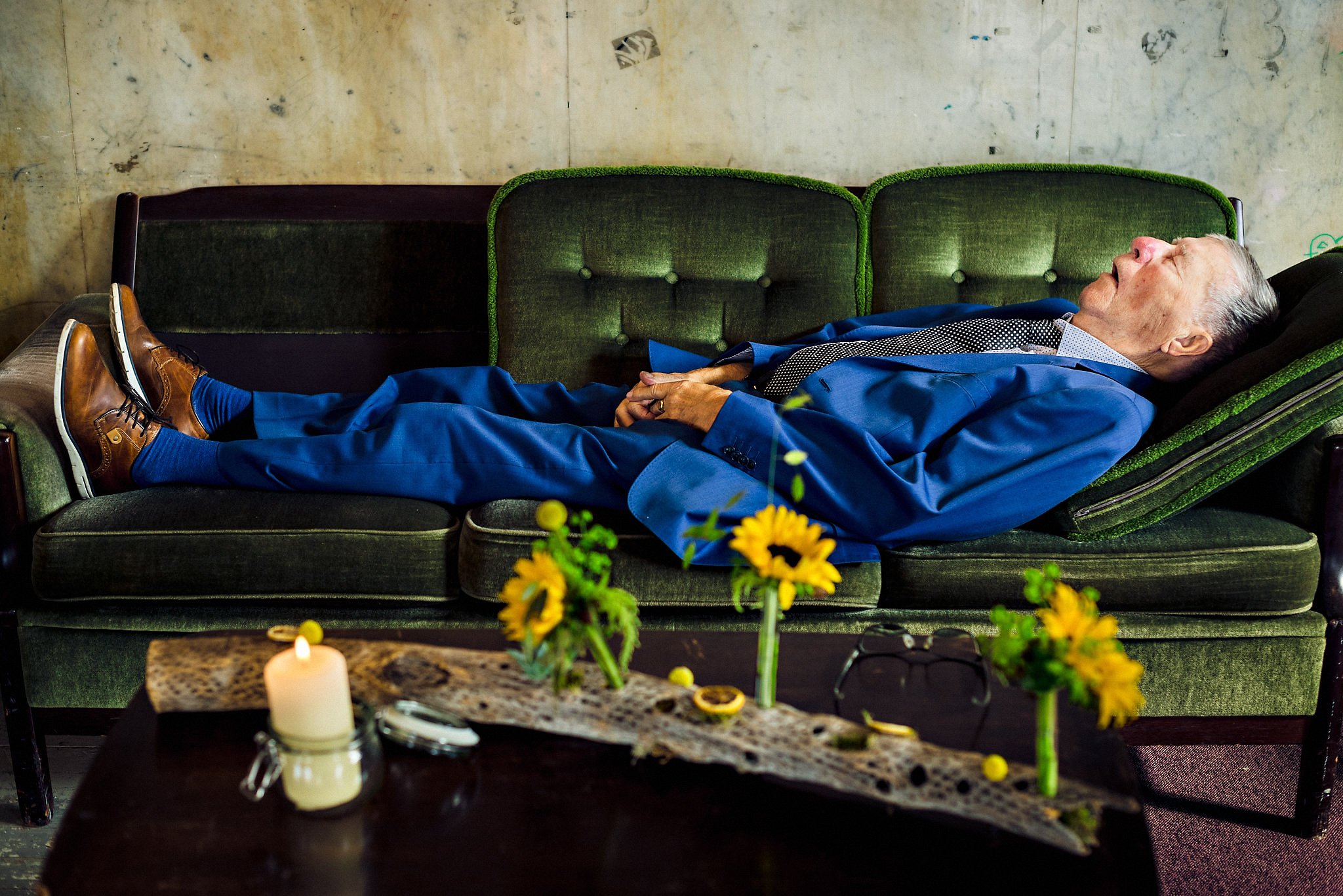 Grandpa taking a nap after dinner in his granddaughter's wedding at Tou, Stavanger